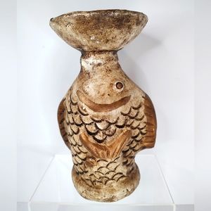 Primitive Pottery Resin Ceramic Rough Surface Fish Open Mouth Bowl Statue Candle